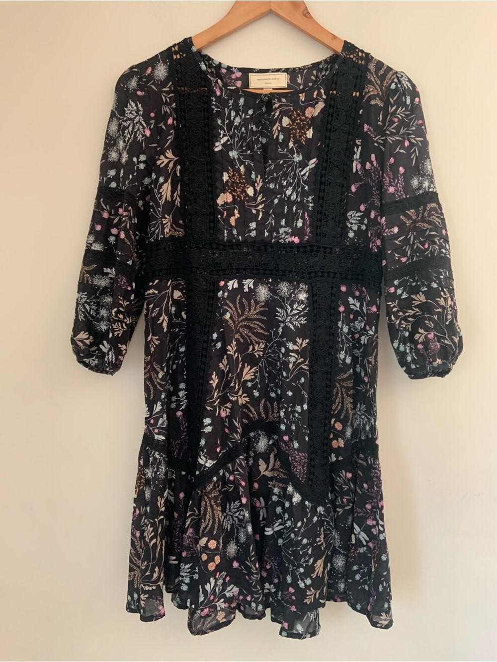 Moulinette Soeurs Boho Cotton Floral Lace-Trim Long Sleeve Dress Semi Sheer 0P